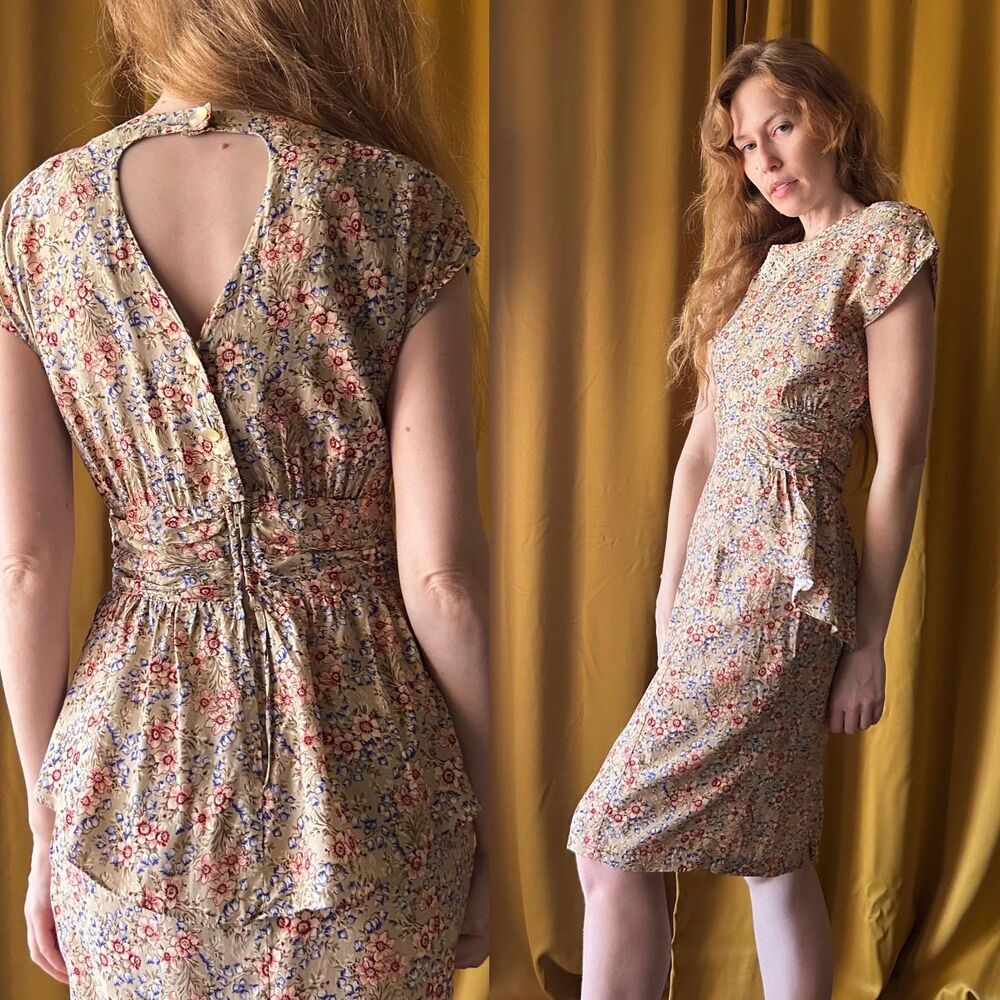 1980s does 40s Style Floral Peplum Wiggle Dress, Medium